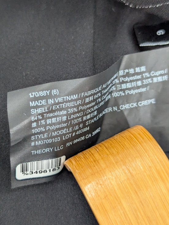 Theory Black Staple Check Crepe Blazer Women's 6 Professional Career Minimalist - Picture 3 of 9